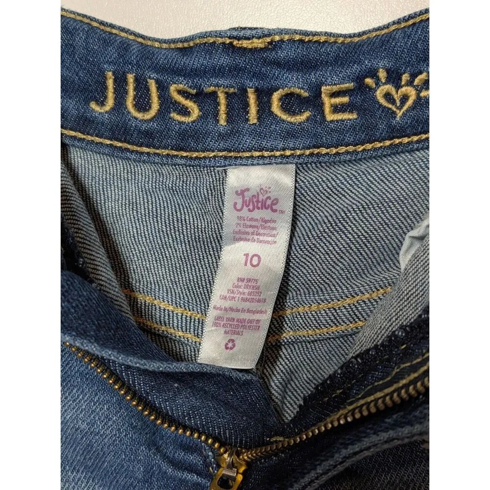 Justice Girls 10 Embroidered Distressed Denim Shorts Blue Cuffed Stretch Floral